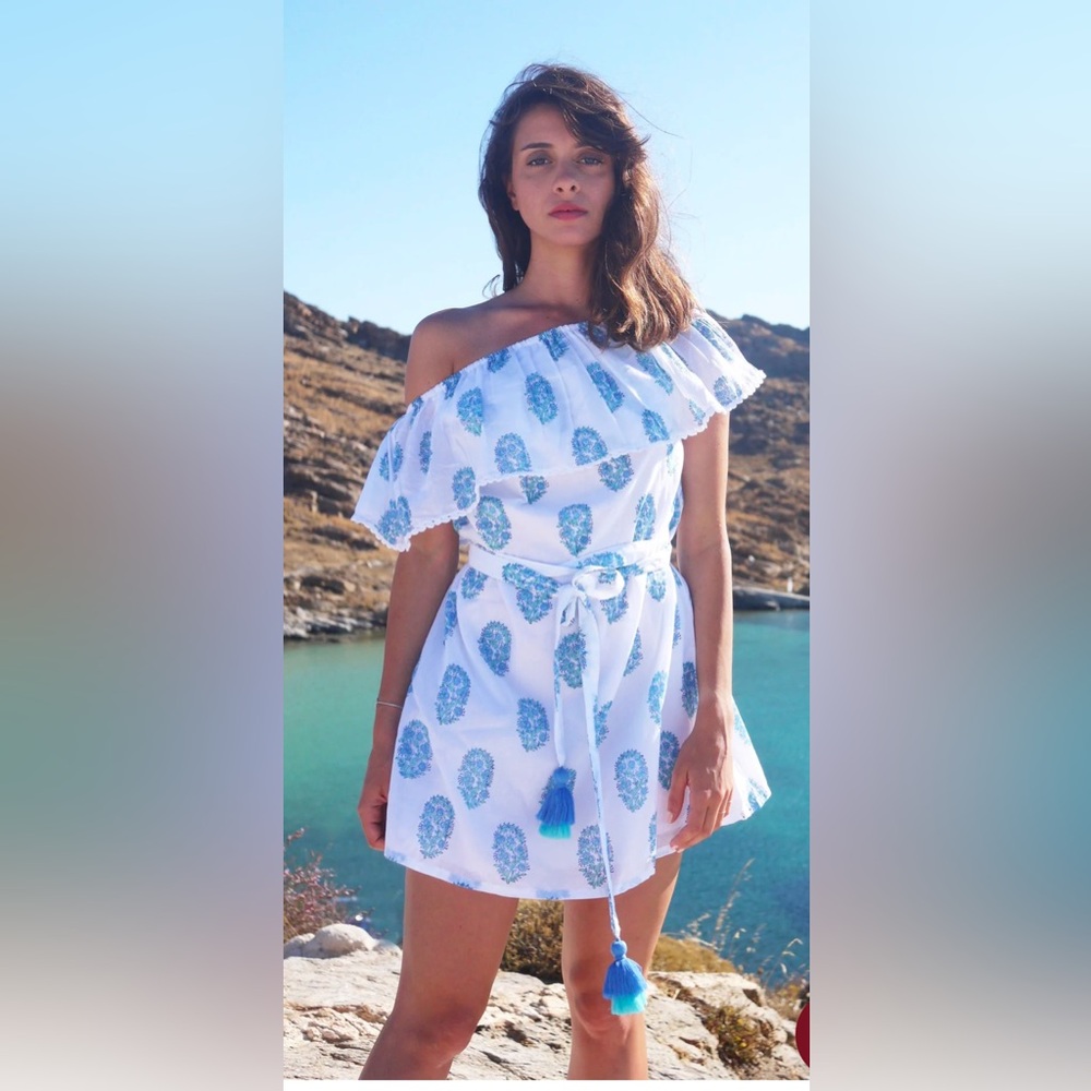Buggy Off the Shoulder Dress in Floral Blues xs/s